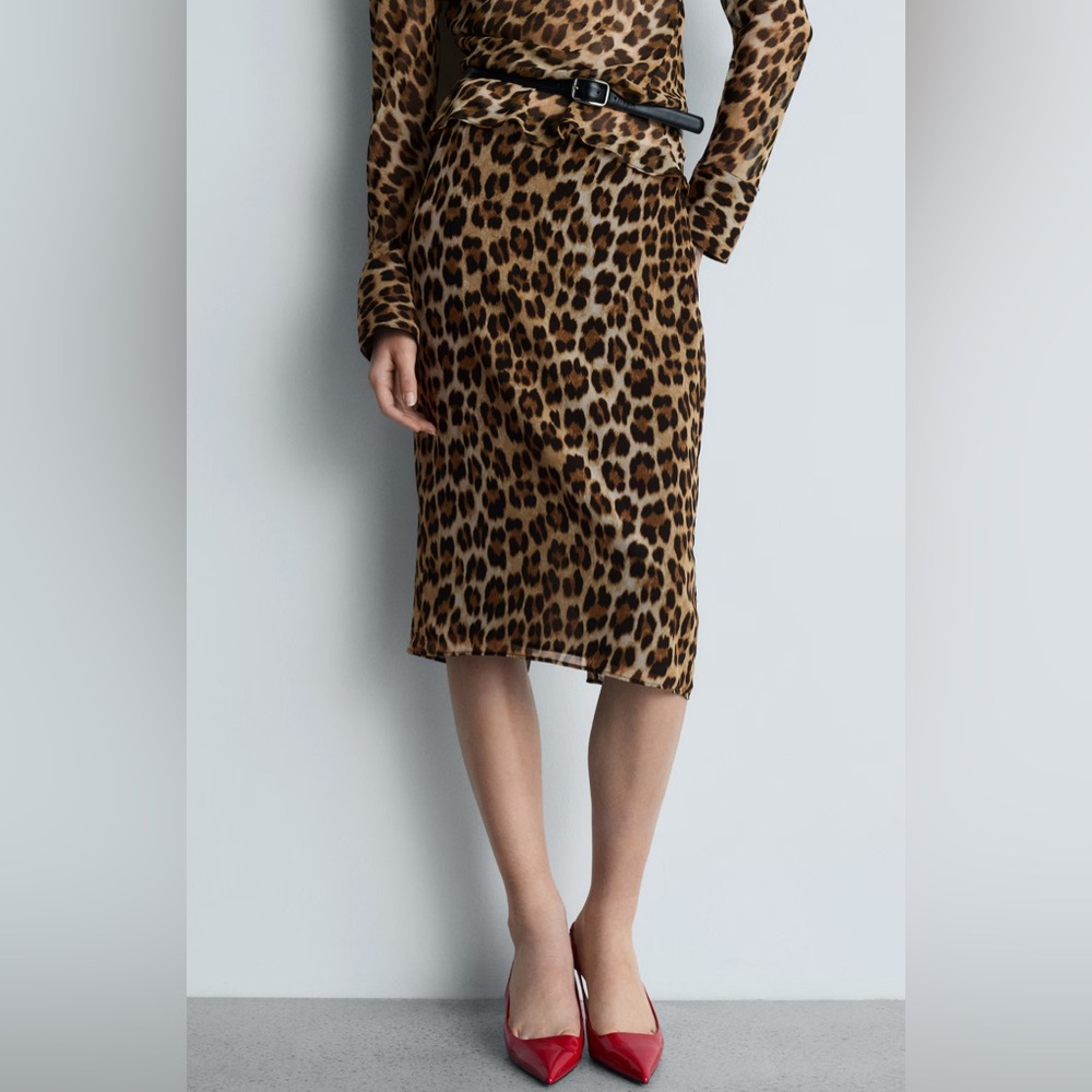 Mango Leopard Print Midi Skirt